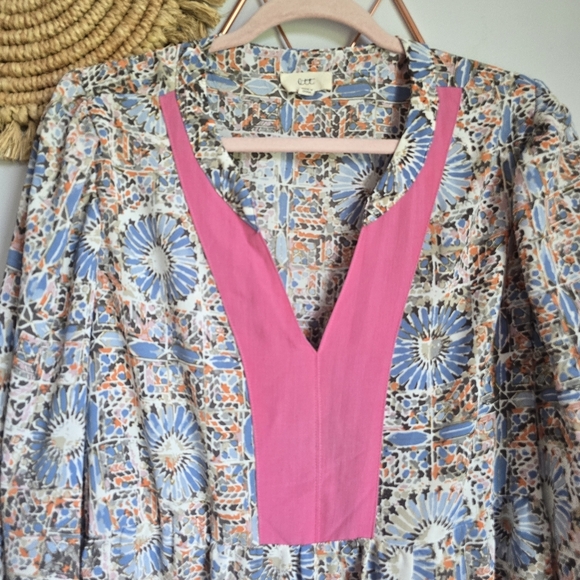 Ott, Blue Pink Boho Floral Relaxed Tiered Blouson Sleeve Tunic Top, Size 2X - Picture 2 of 8